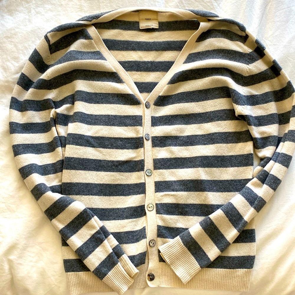 Striped Gray and Cream 100 percent Cashmere Cardigan Sweater